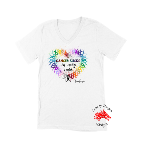 Women White Short Sleeves V-Tee | LooneyDragon | Cancer Sucks in Every Color
