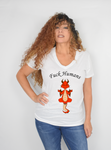 Women White Short Sleeves V-Tee | LooneyDragon | Red Dragon Fuck Humans