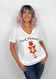 Women White Short Sleeves V-Tee | LooneyDragon | Red Dragon Fuck Humans