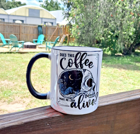 Does This Coffee Make Me Look Alive? Skull Mug | LooneyDragonDesigns |