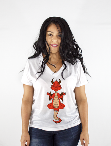 Women White Short Sleeves V-Tee | LooneyDragon | Red Dragon