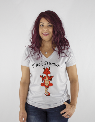 Women Silver Short Sleeves V-Tee | LooneyDragon | Red Dragon Fuck Humans