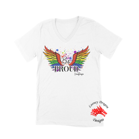 Women White Short Sleeves V-Tee | LooneyDragon | Pride Be Proud Rainbow Wings