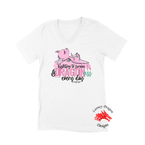 Women White Short Sleeves V-Tee | LooneyDragon | Fighting to Survive and Dragon Ass Every Day