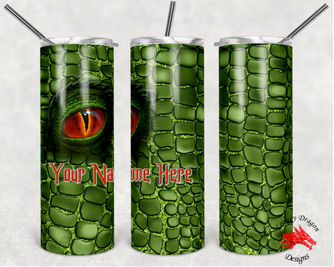 Personalized Green Dragon/Dino Eye 20oz Skinny Tumbler | LooneyDragonDesigns